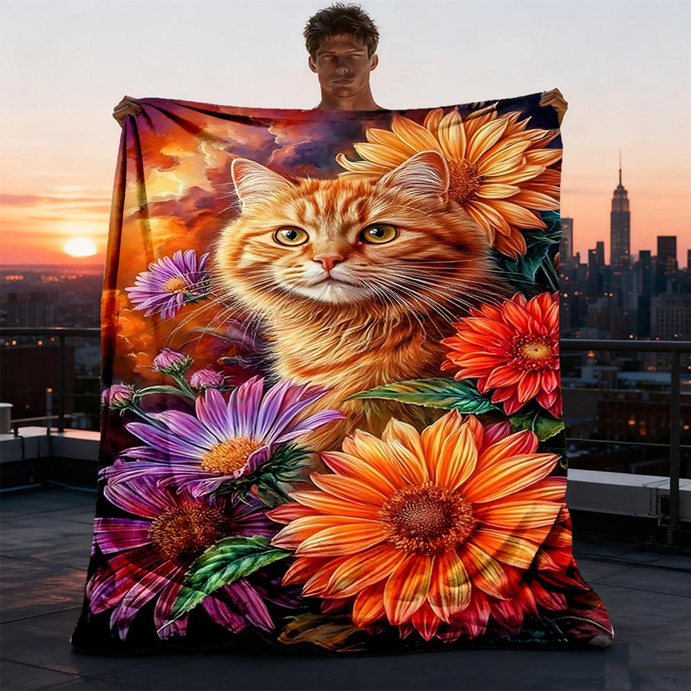 Travel Accessories Present - Floral Cat Artwork Outdoor Throw Blanket,